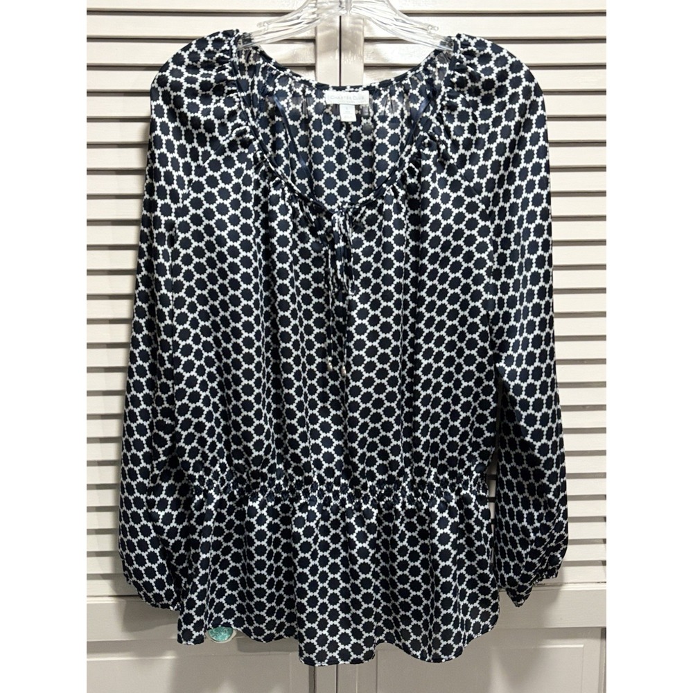 Charter Club Navy/White Geo Chiffon Long Balloon Sleeve Blouse‎ Size L Elastic
